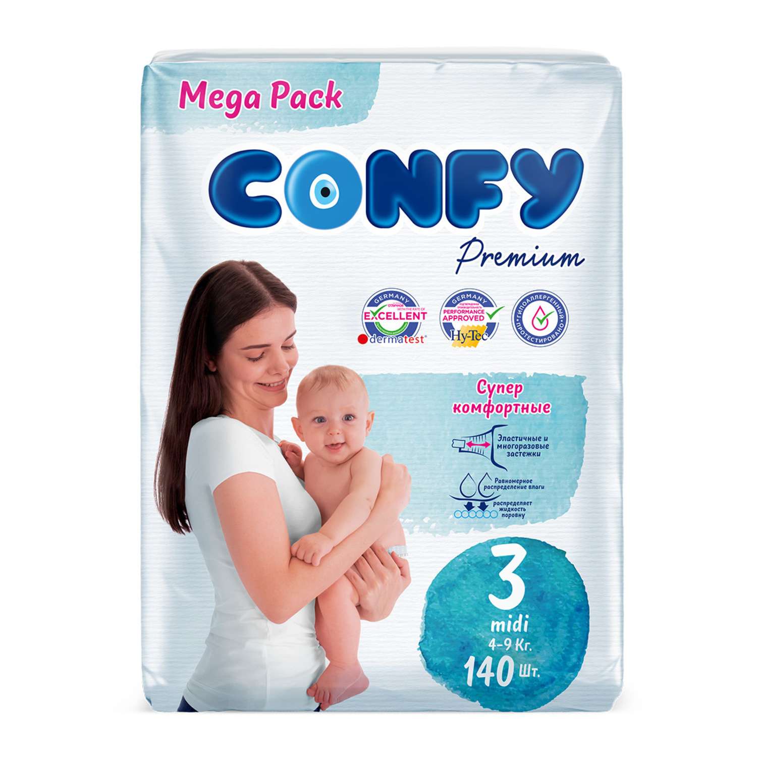 Подгузники детские CONFY Premium Midi размер 3 4-9 кг Mega упаковка 140 шт CONFY - фото 1