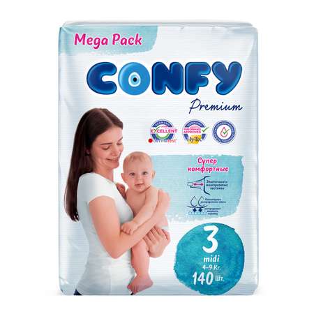 Подгузники детские CONFY Premium Midi размер 3 4-9 кг Mega упаковка 140 шт CONFY