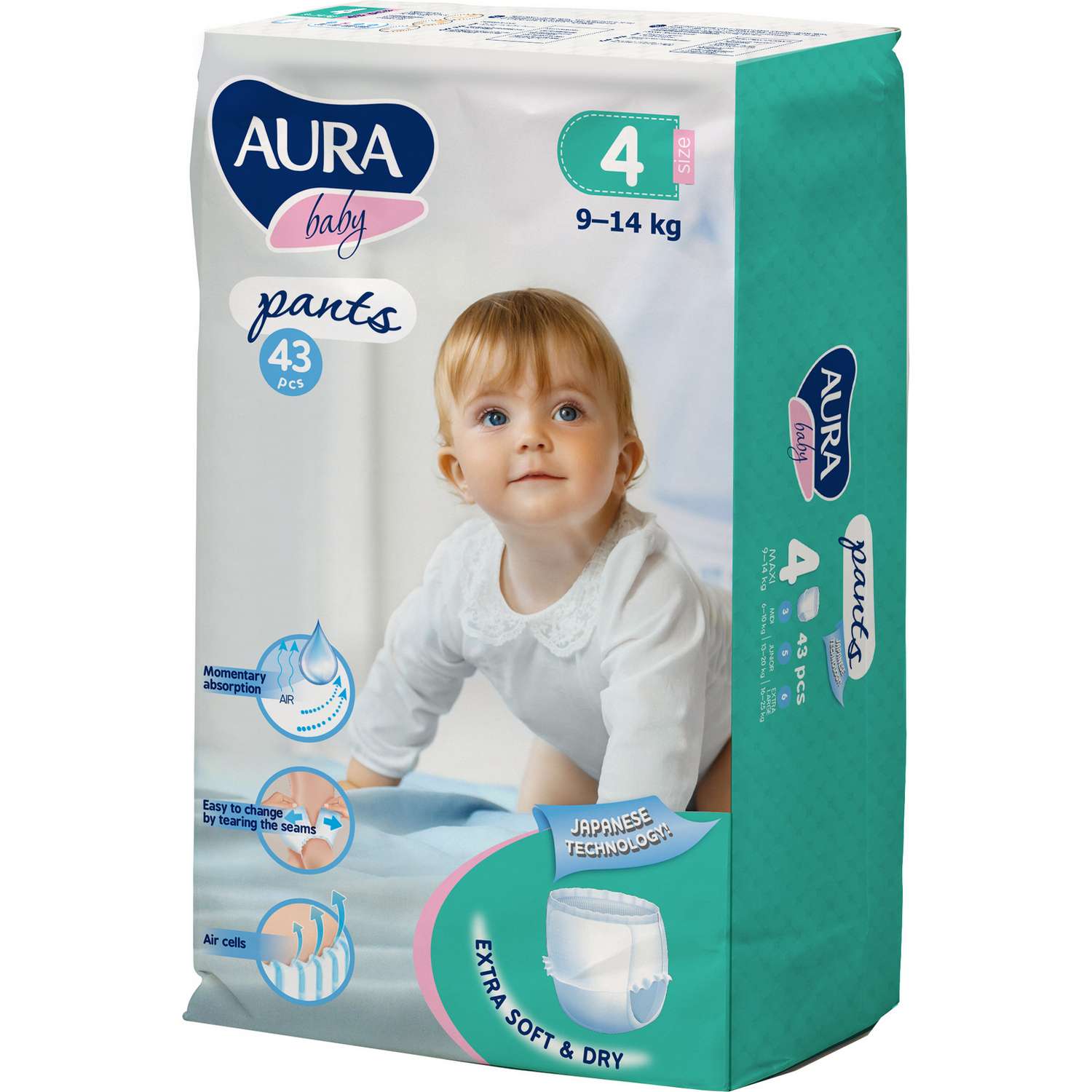 Подгузники-трусики AURA BABY одноразовые для детей 4L 9-14 кг 43шт - фото 1