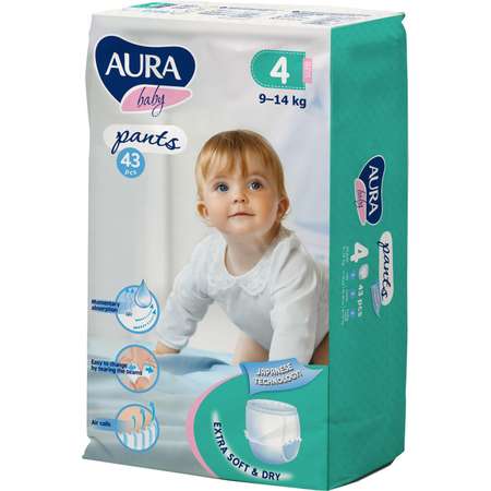 Подгузники-трусики AURA BABY одноразовые для детей 4L 9-14 кг 43шт