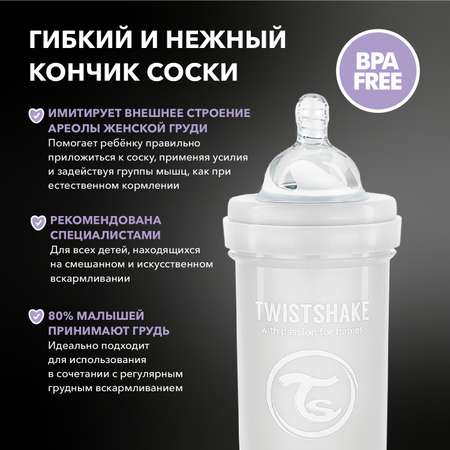 Бутылочка Twistshake антиколиковая 260мл Белая