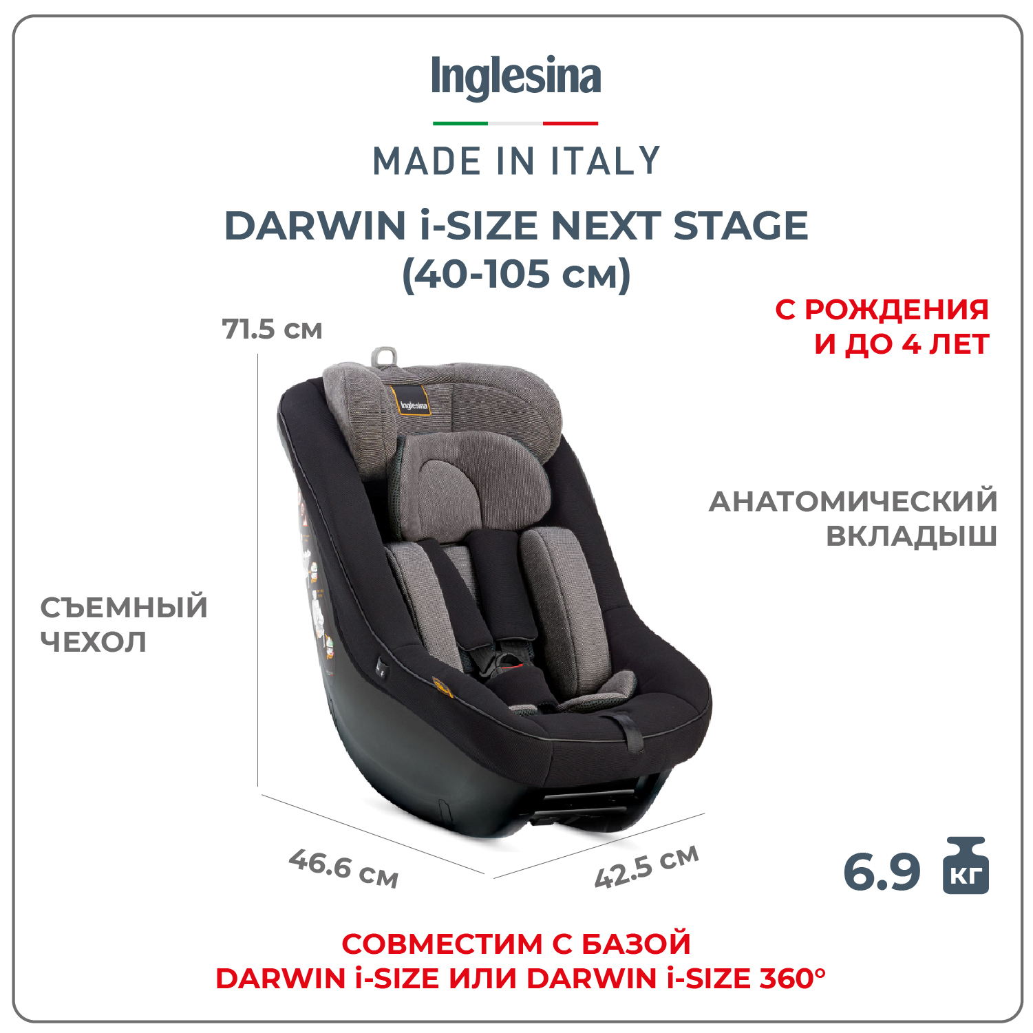 Автокресло Inglesina Darwin Next Stage i-Size с рождения до 4х лет цвет Vulcan Black - фото 1