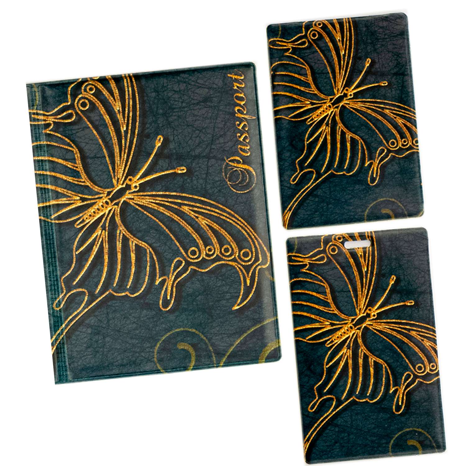 Набор Символик Золотая бабочка на темно-зеленом фоне обложка для паспорта и чехлы для карт - фото 1