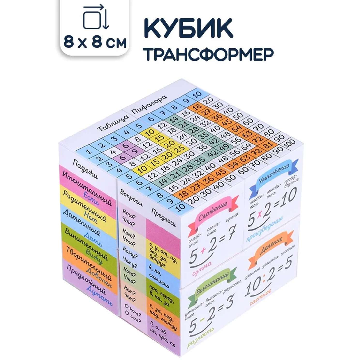 Кубик развивающий STELLAR трансформер Весело учиться русский язык и математика 8х8 см - фото 1