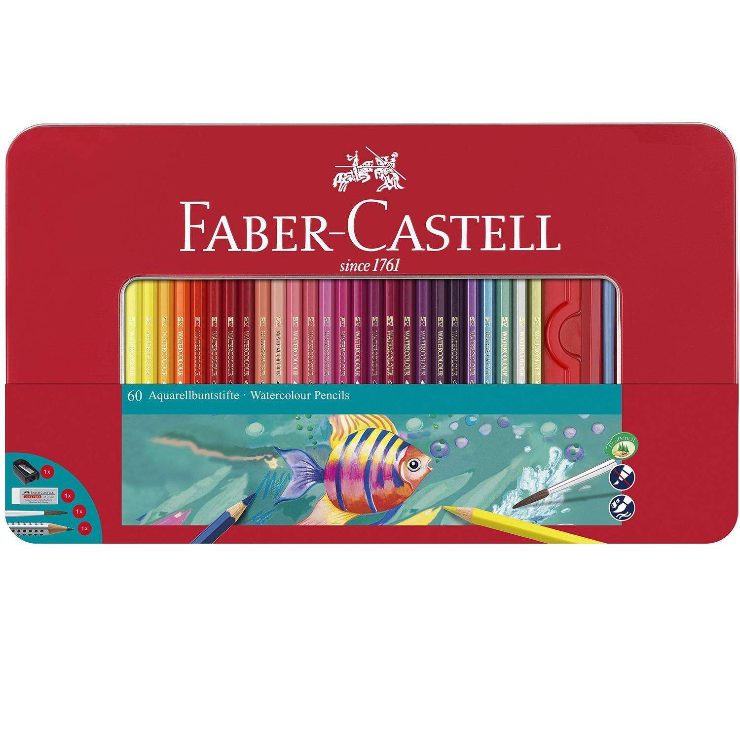 Акварельные карандаши Faber Castell Рыбки с кисточкой в мет. коробке 60 шт. - фото 1