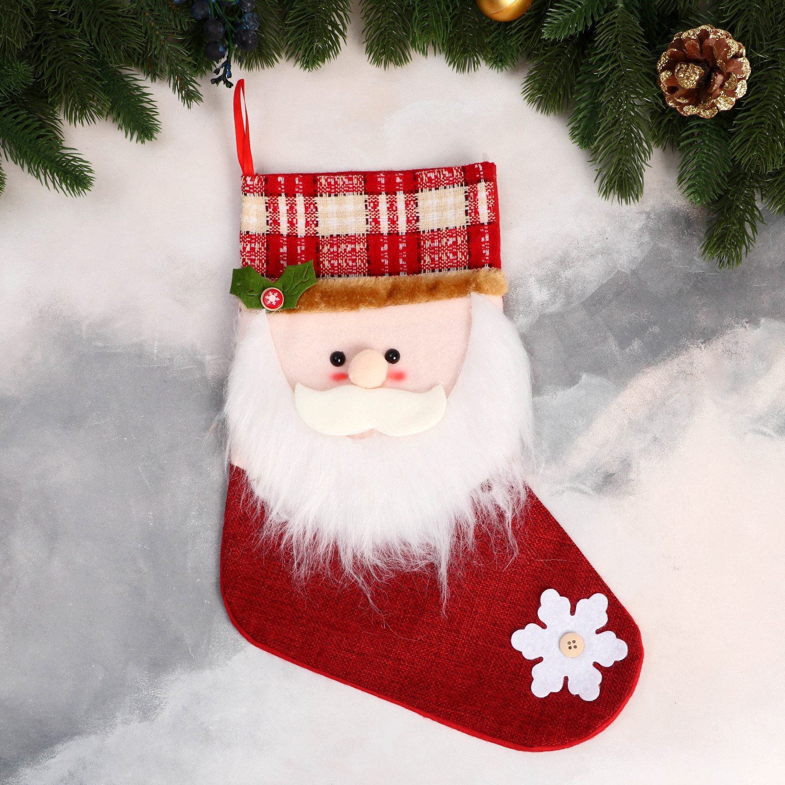 Носок Зимнее волшебство для подарков «Дед Мороз с румяными щечками» 25х36 см бело красный - фото 1