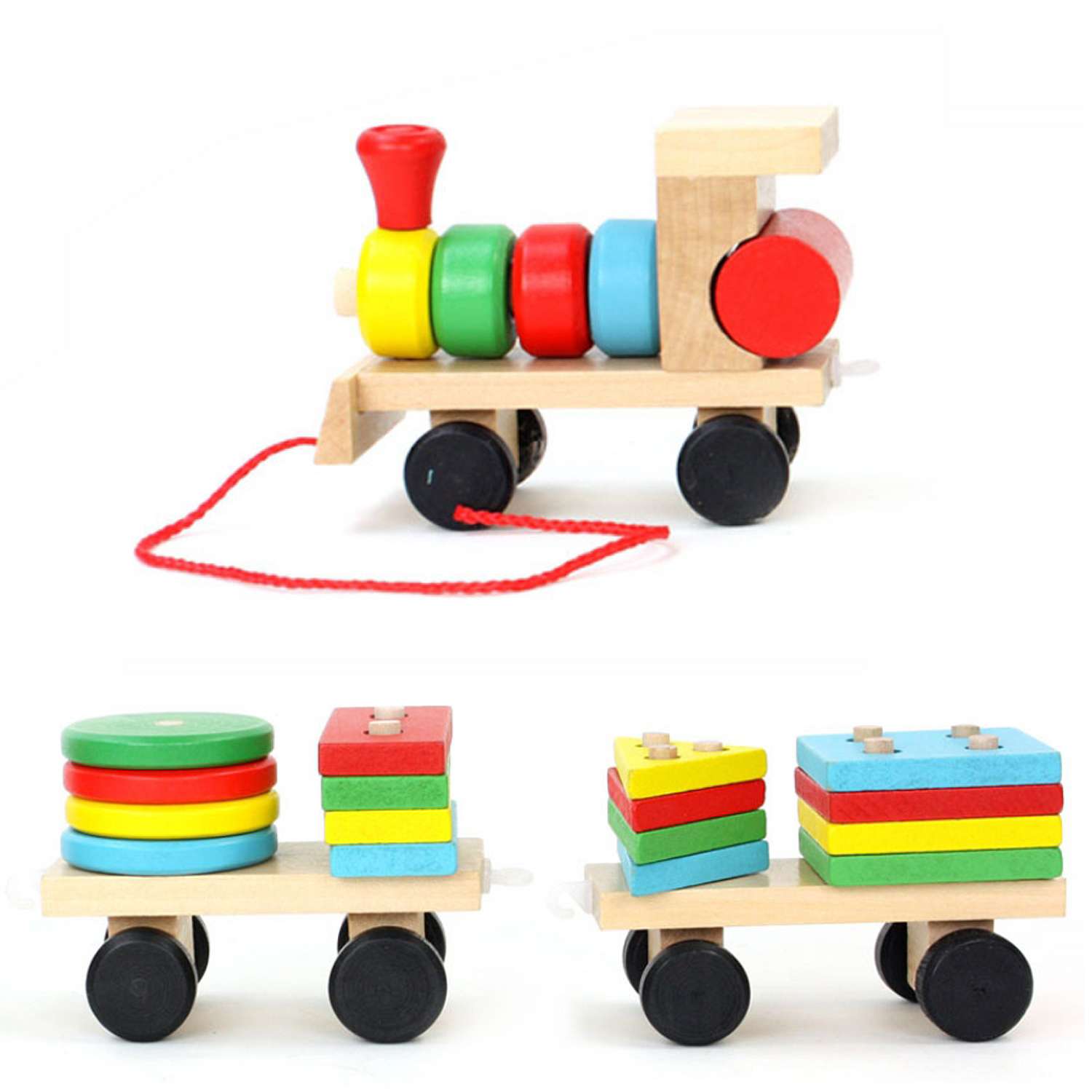 Паровозик деревянный детский Поезд с 2-мя вагонами MD 0994