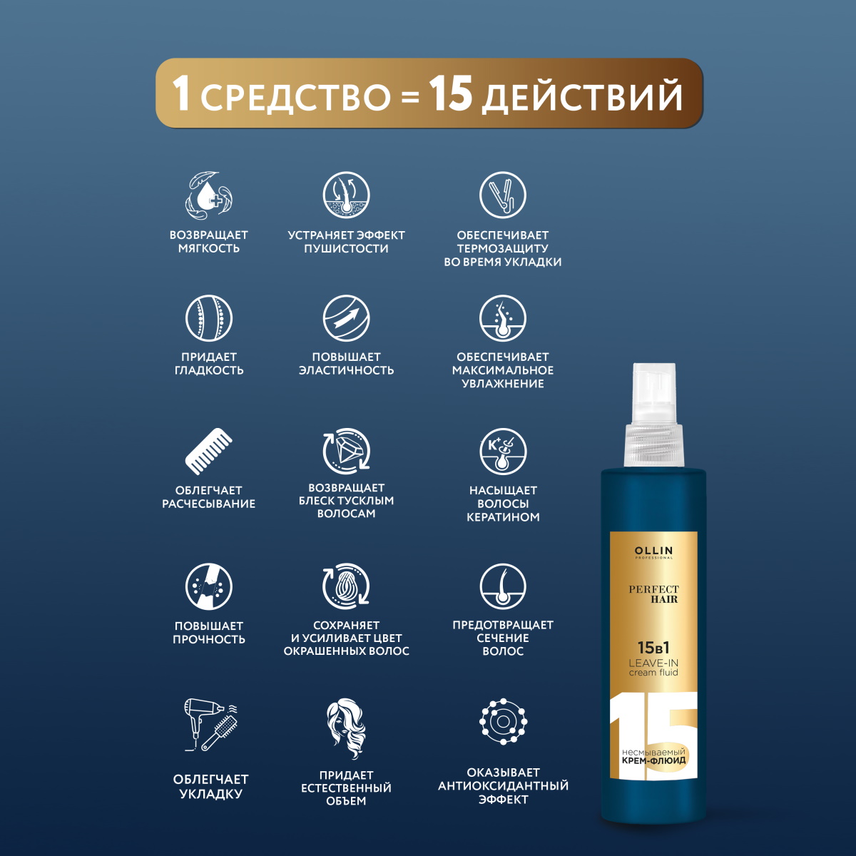 Крем-флюид Ollin perfect hair многофункциональный 15 в 1 несмываемый 250 мл - фото 2