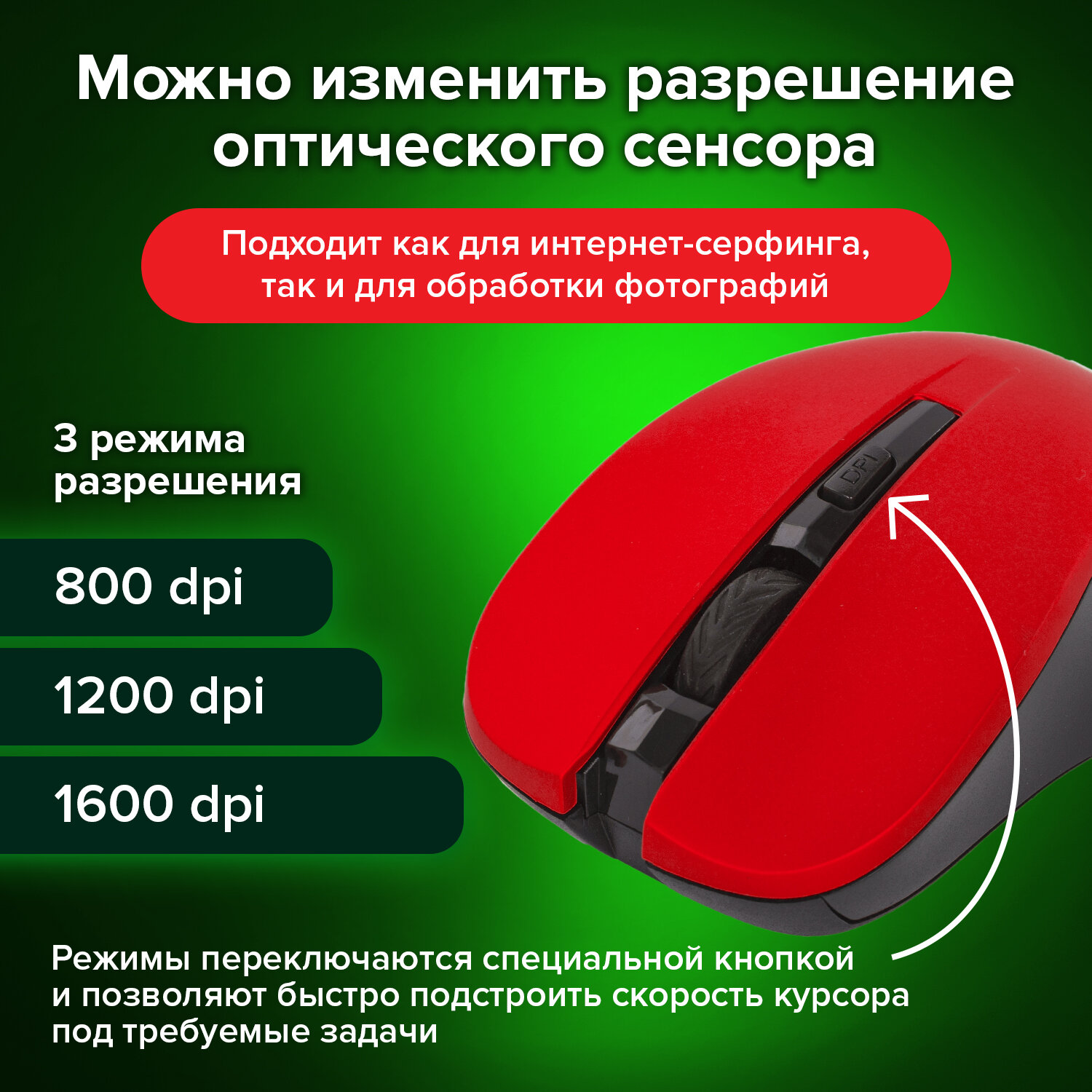 Мышь беспроводная с бесшумным кликом SONNEN V18, USB, 800/1200/1600 dpi, 4 кнопки, красная, 513516