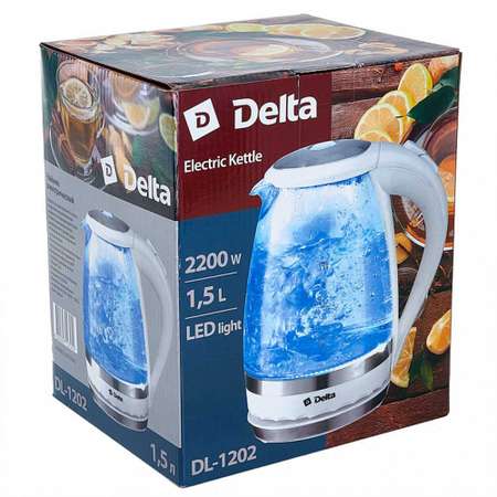 Электрический чайник Delta DL-1202 корпус из жаропрочного стекла белый 2200 Вт