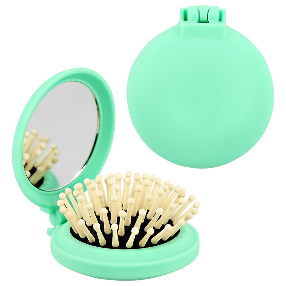 Расческа Lady Pink с зеркалом с деревянными зубчиками зеленая - фото 1
