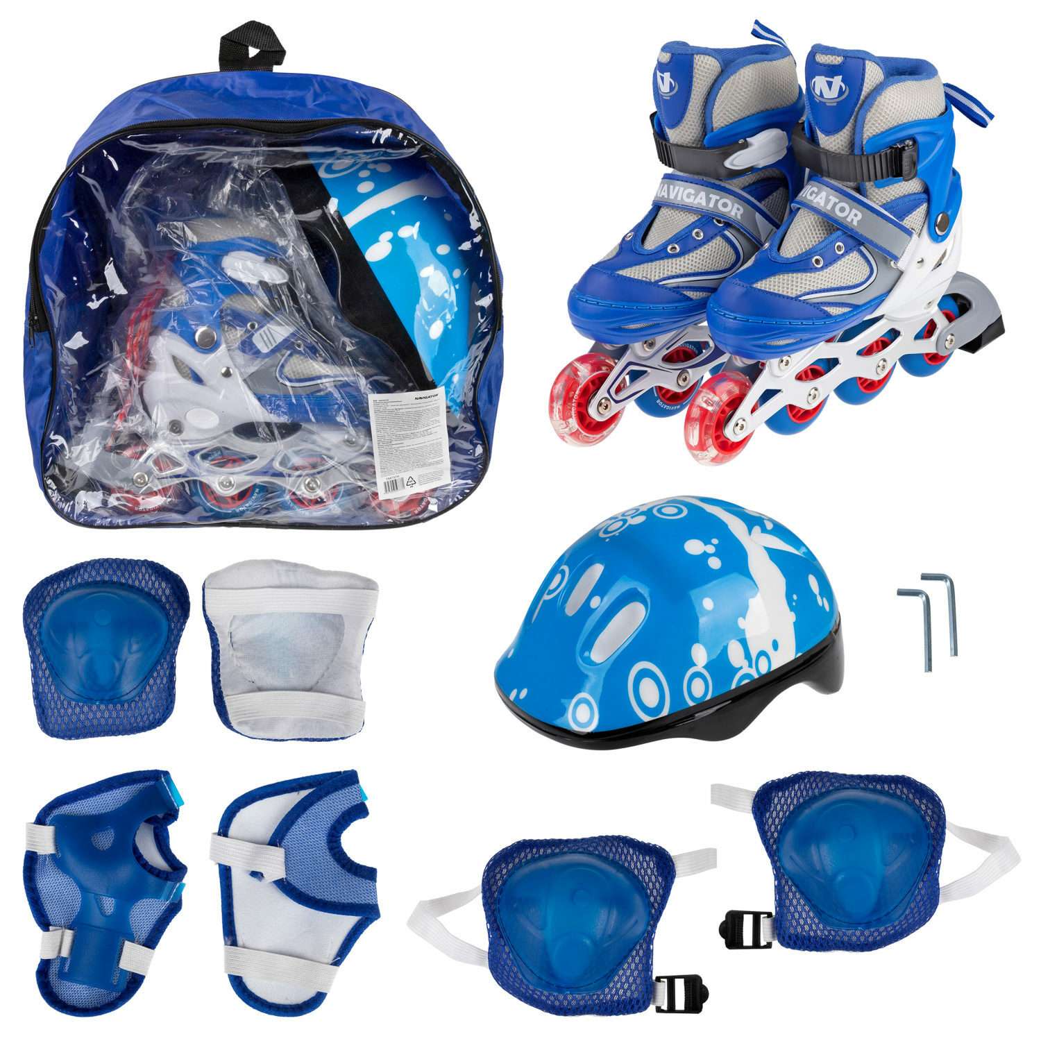 Ролики Navigator детские раздвижные 34 - 37 размер с защитой и шлемом синий - фото 2