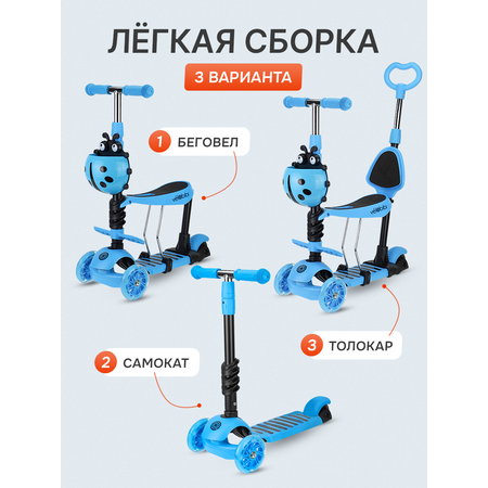 Самокат трехколёсный Velobibi Fanny 3 в 1 Колёса PU/PVC Голубой