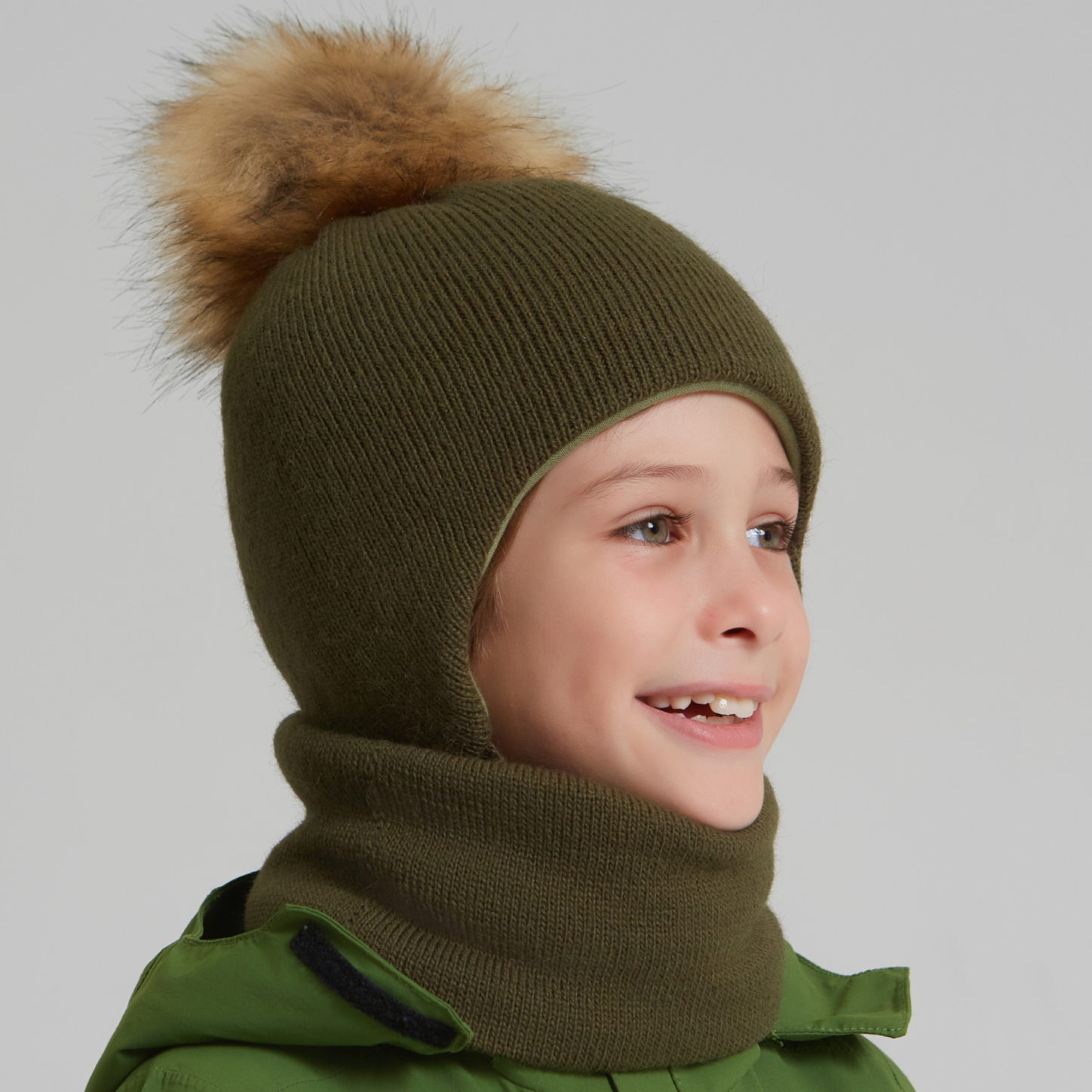 Шапка и снуд NYCkids NYC-H-111-FurPomPlain-olive - фото 5