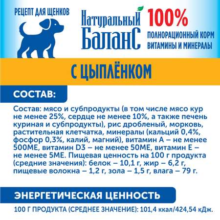 Корм влажный для щенков «Натуральный Баланс» Премиум с цыпленком 240 г х 12шт