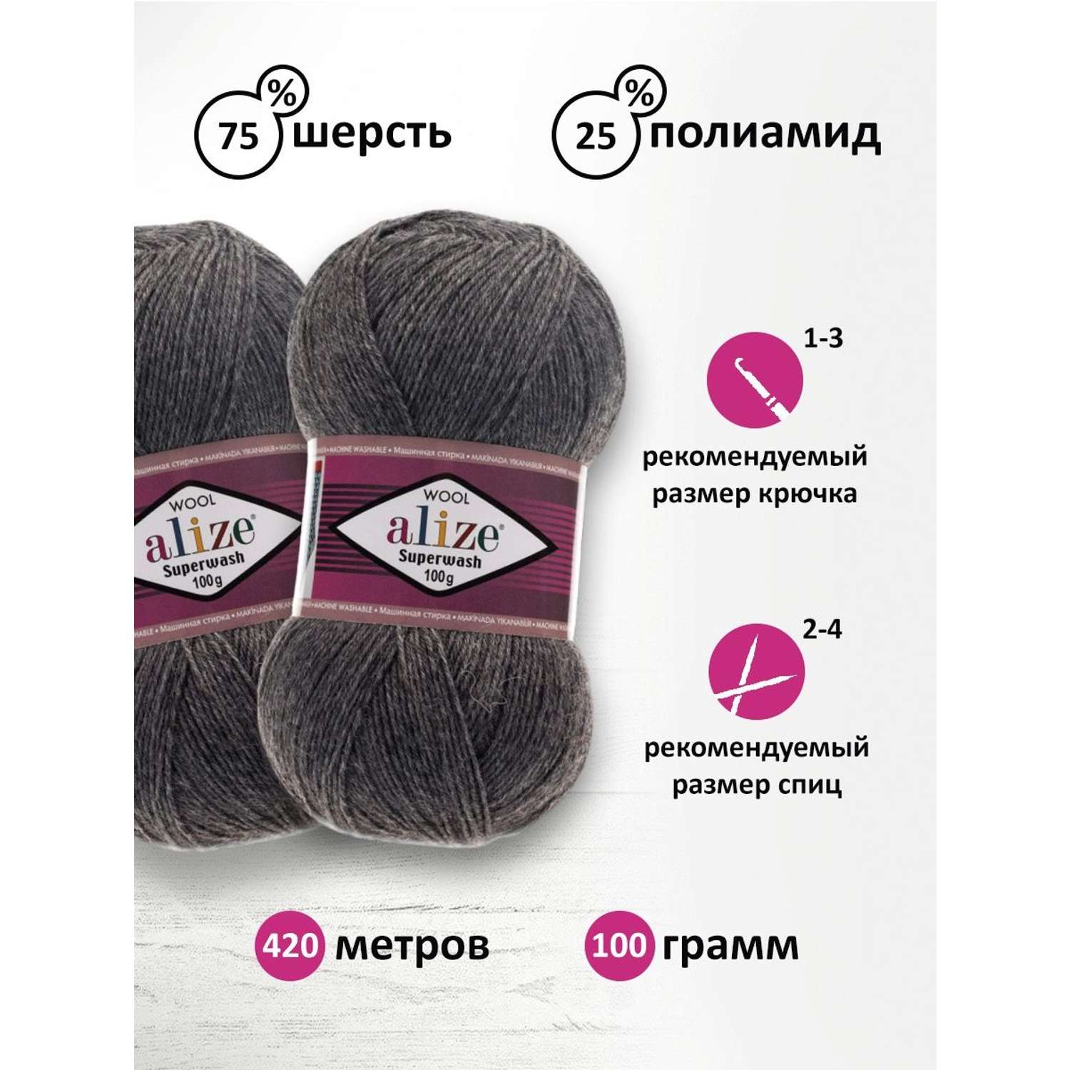 Пряжа Alize для вязания носков Superwash Comfort Socks 100 гр 420 м 5 мотков 182 темно-серый меланж - фото 3