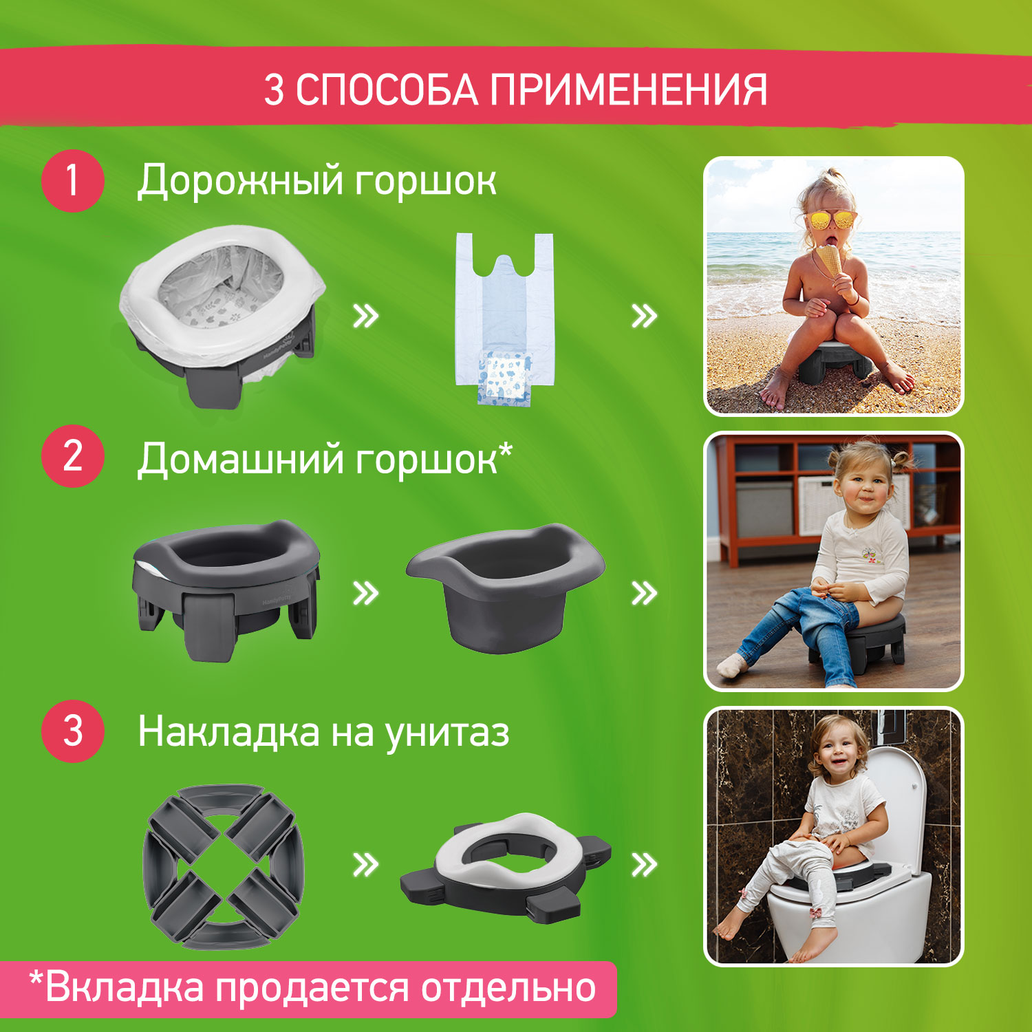 Горшок дорожный ROXY-KIDS складной и насадка на унитаз HandyPotty с тремя пакетами цвет графит - фото 5