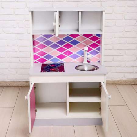 Игровая Zabiaka мебель «Детская кухня» цвет корпуса бело-серый цвет фасада бело-малиновый фартук ромб