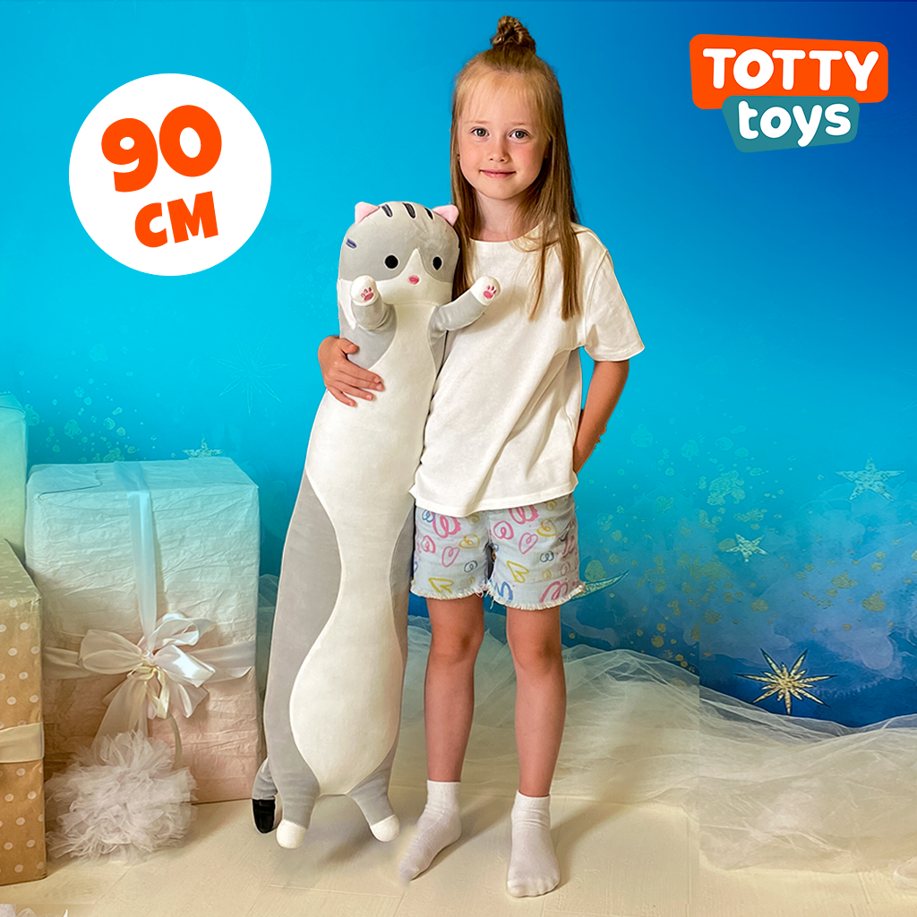 Мягкая игрушка кошка подушка TOTTY TOYS кот-батон 90 см серый антистресс  развивающая обнимашка купить по цене 1019 ₽ в интернет-магазине Детский мир