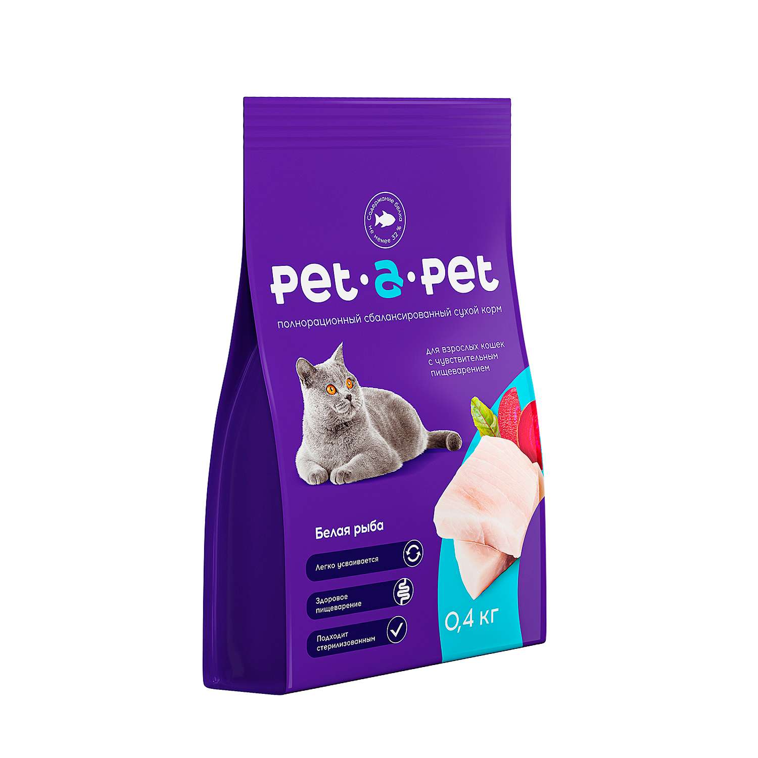 Корм для кошек Pet-a-Pet 0.4кг с чувствительным пищеварением c белой рыбой - фото 1