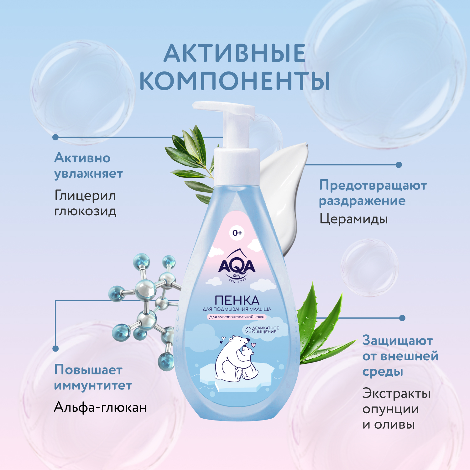 Пенка для подмывания малыша AQA baby Sensitive Деликатное очищение для чувствительной кожи 250мл с 0месяцев - фото 4