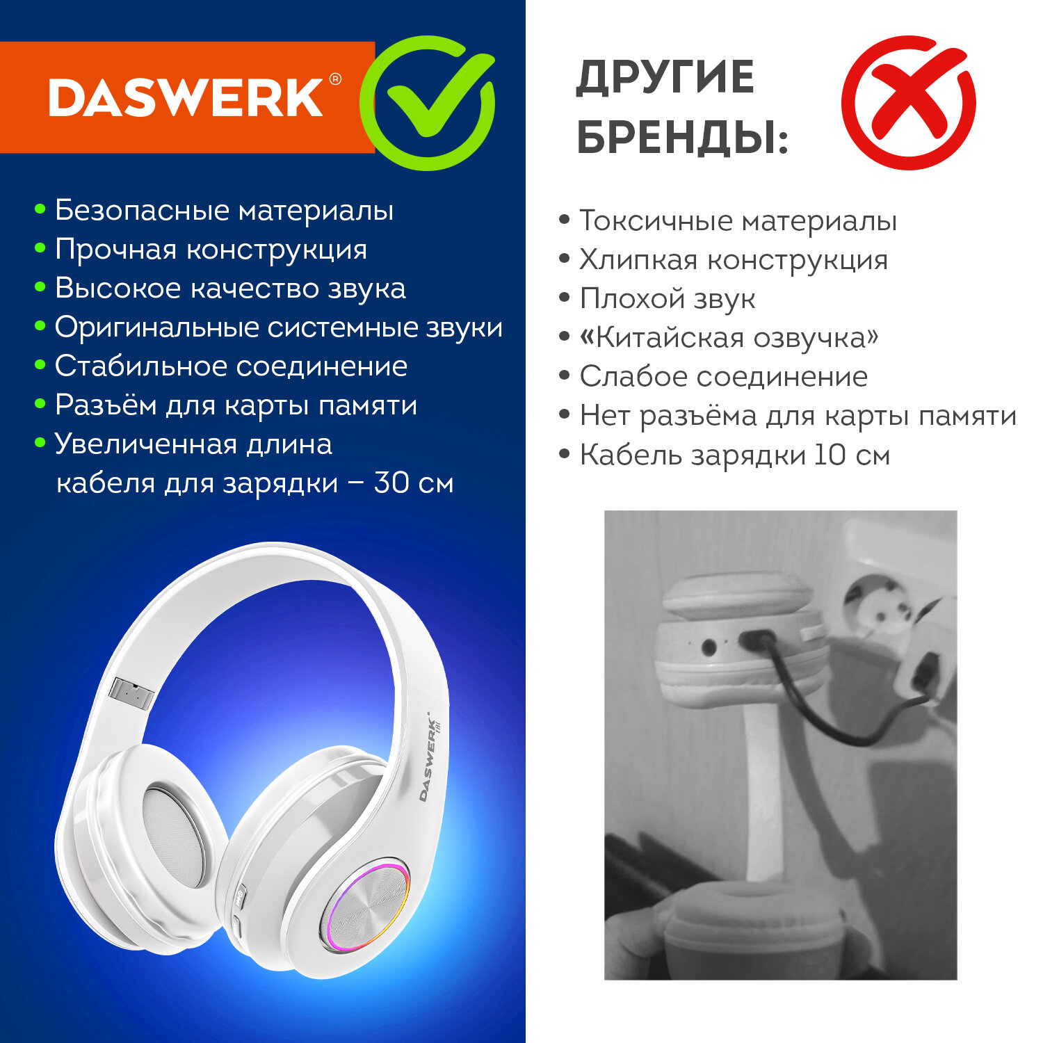 Наушники беспроводные DASWERK большие игровые с подсветкой накладные - фото 11