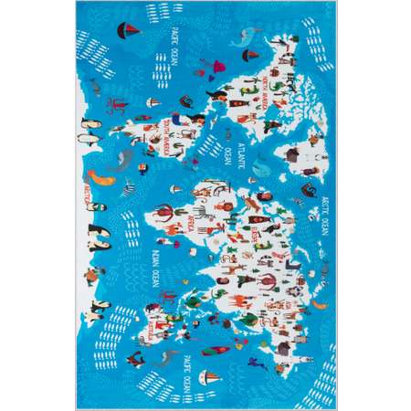 Ковер комнатный детский KOVRIKANA карта мира развивающий голубой океан 120см на 175см