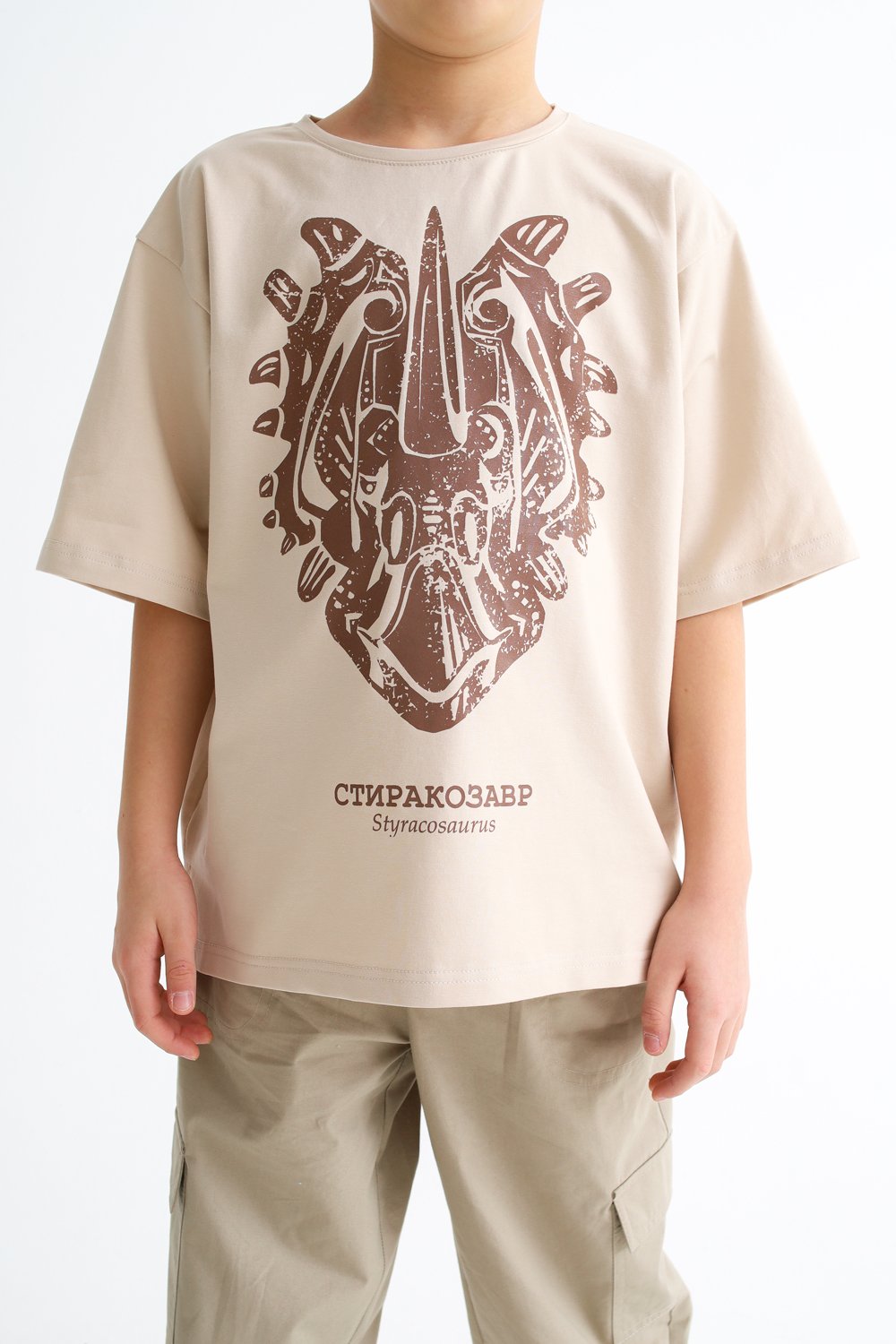 Футболка MINIDINO Т-Д-014 Футболка oversize экрю принт Стиракозавр - фото 1