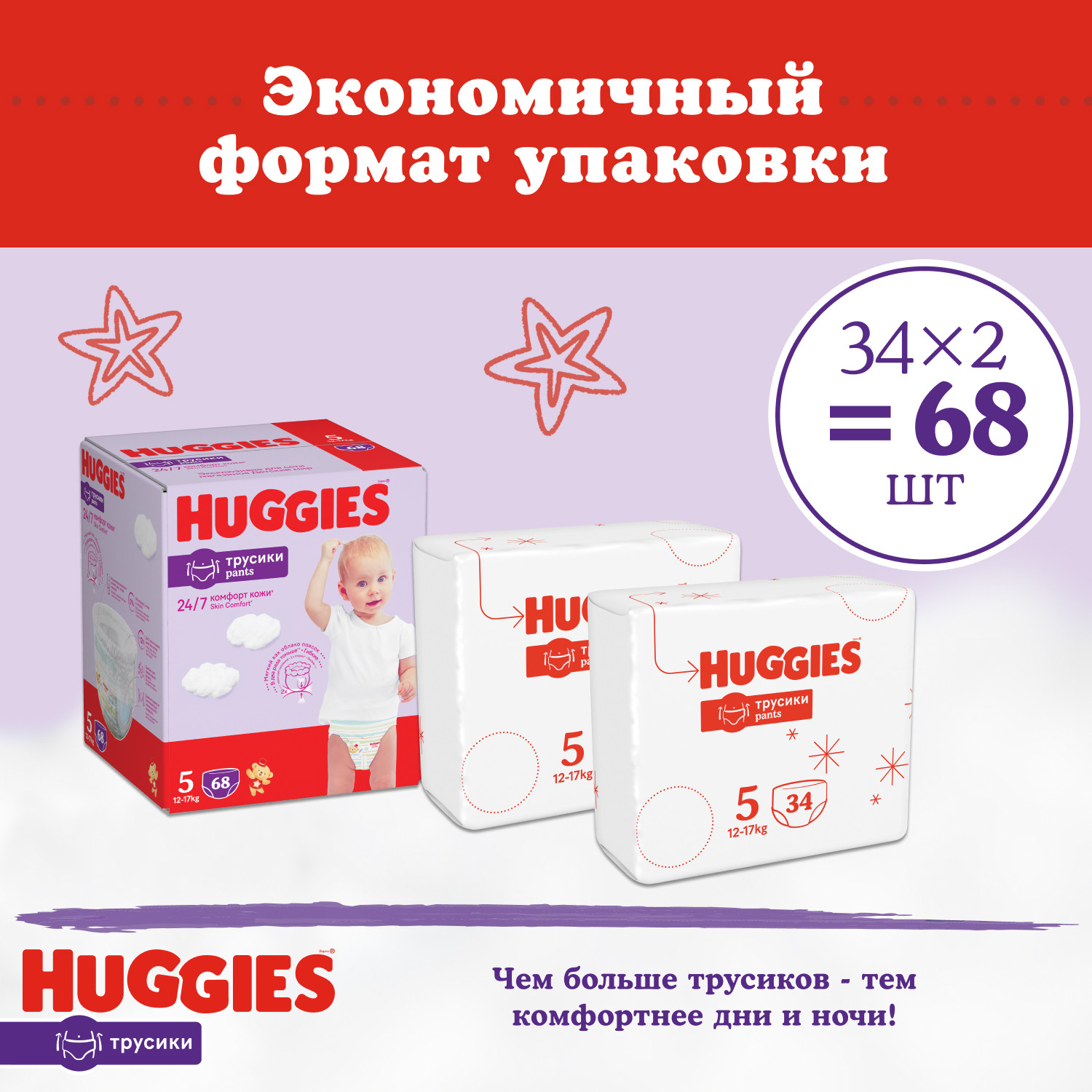 Подгузники-трусики супертонкие Huggies 5 унисекс 13-17кг 68шт - фото 3