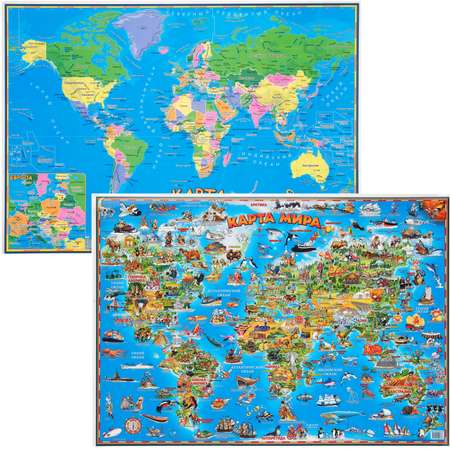 Детская карта мира АГТ Геоцентр Страны и Достопримечательности настольная двусторонняя 59х42 см