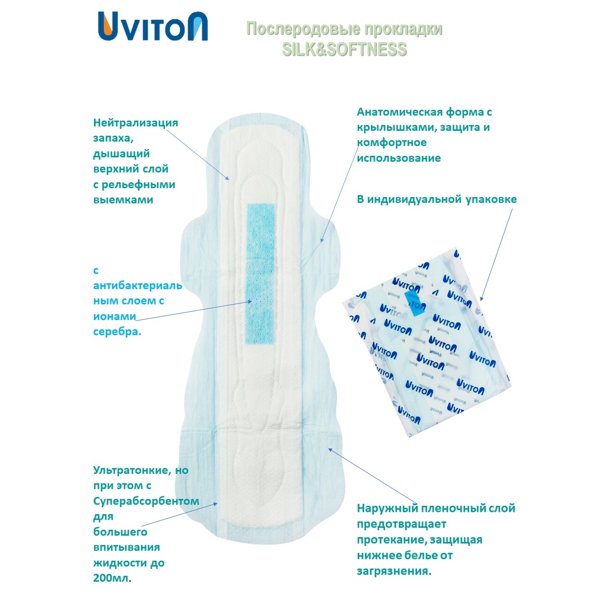 Прокладки с крылышками Uviton послеродовые ночные в индивидуальной упаковке арт.0302 - фото 2