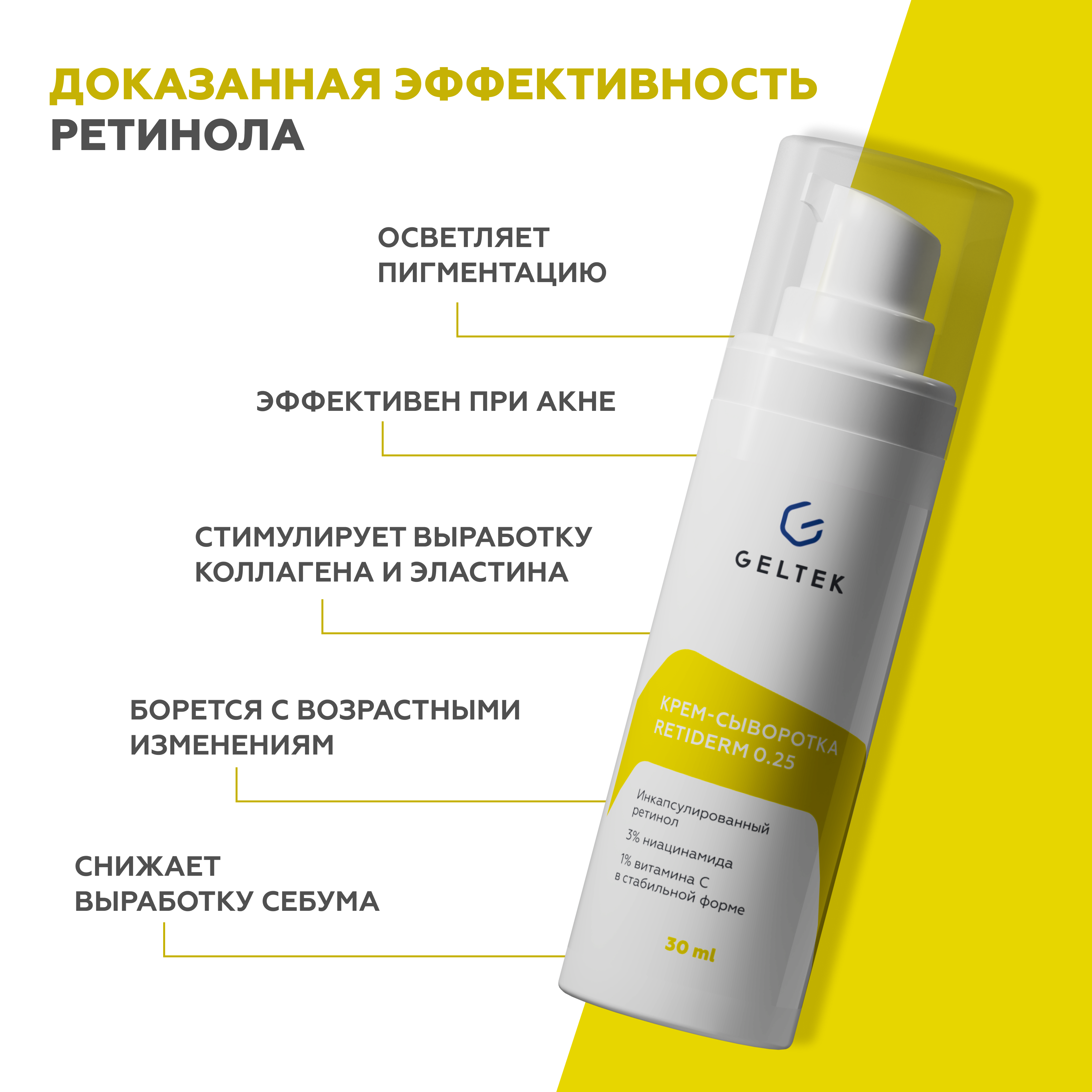 Крем сыворотка для лица GELTEK Retiderm 0.25 с ретинолом и витамином С от морщин и пигментных пятен 30 мл - фото 2