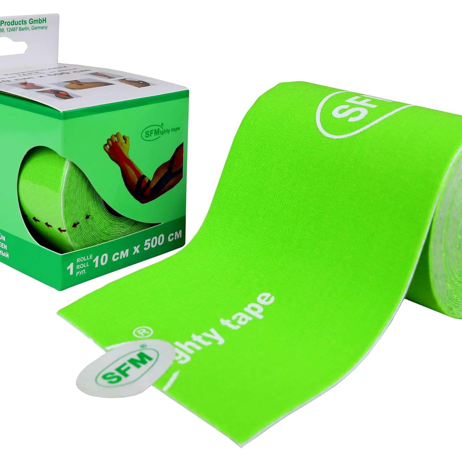 Кинезиотейп SFM Hospital Products Plaster на хлопковой основе 10х500 см зеленого цвета в диспенсере с логотипом - фото 2