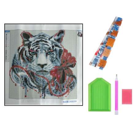 Алмазная мозаика Seichi Тигр с красным бантом 30х30 см