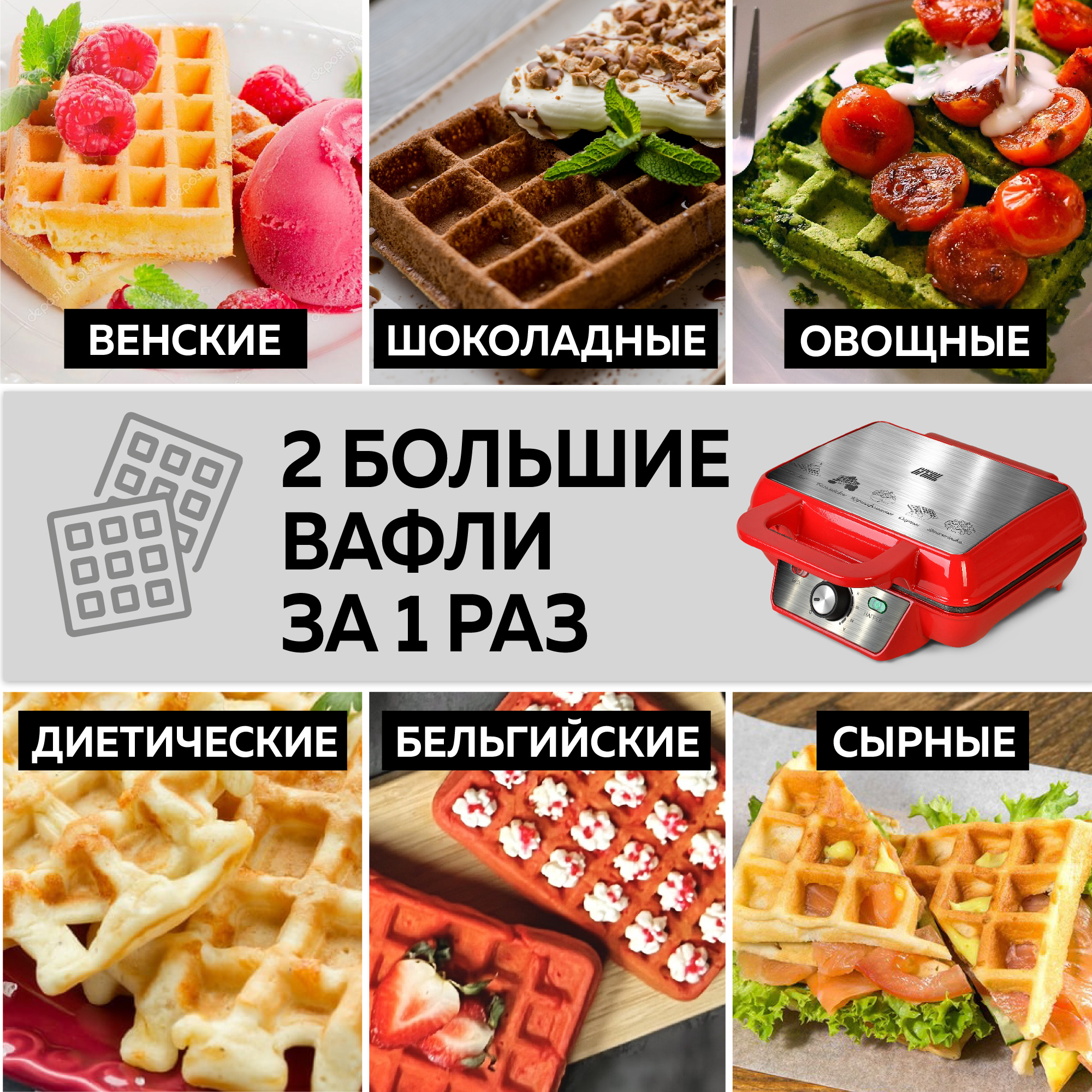 Электровафельница GFGRIL GFW-015 Waffle Plus для двух больших вафель - фото 2