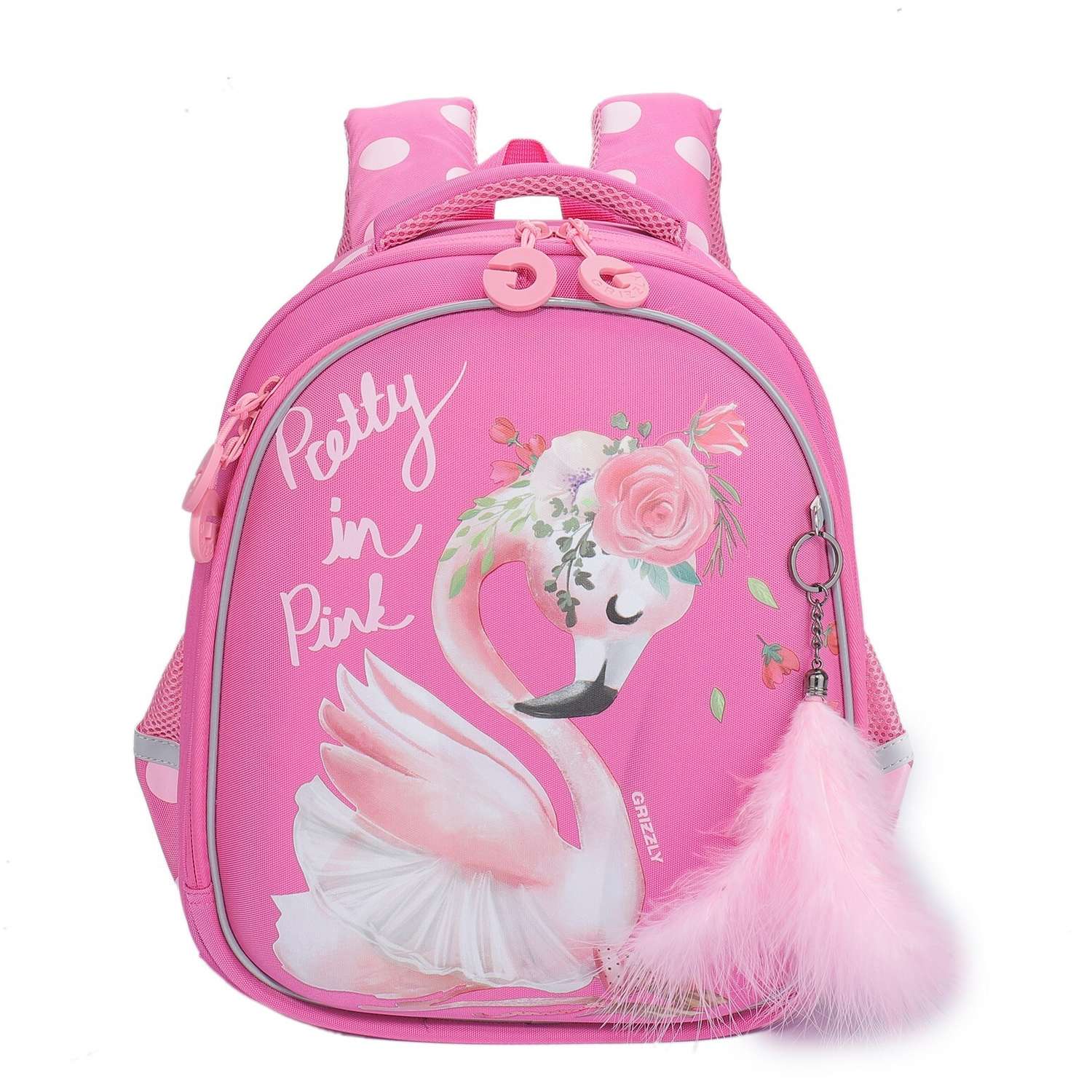 Рюкзак школьный Grizzly Фламинго с цветком Розовый RAz-086-6/1 - фото 1