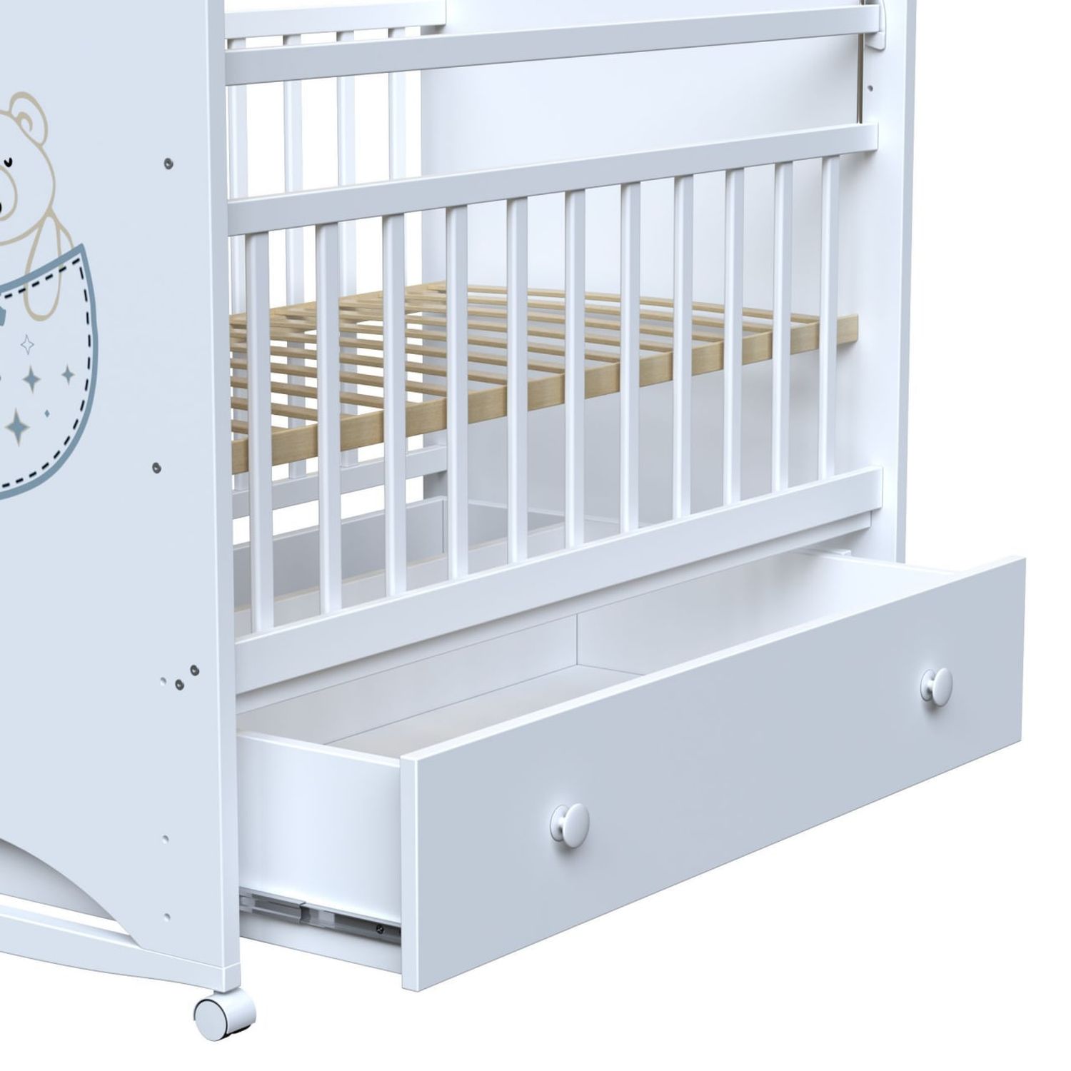 Детская кроватка ВДК Love sleeping колесо-качалка с ящиком прямоугольная, без маятника (белый) - фото 4