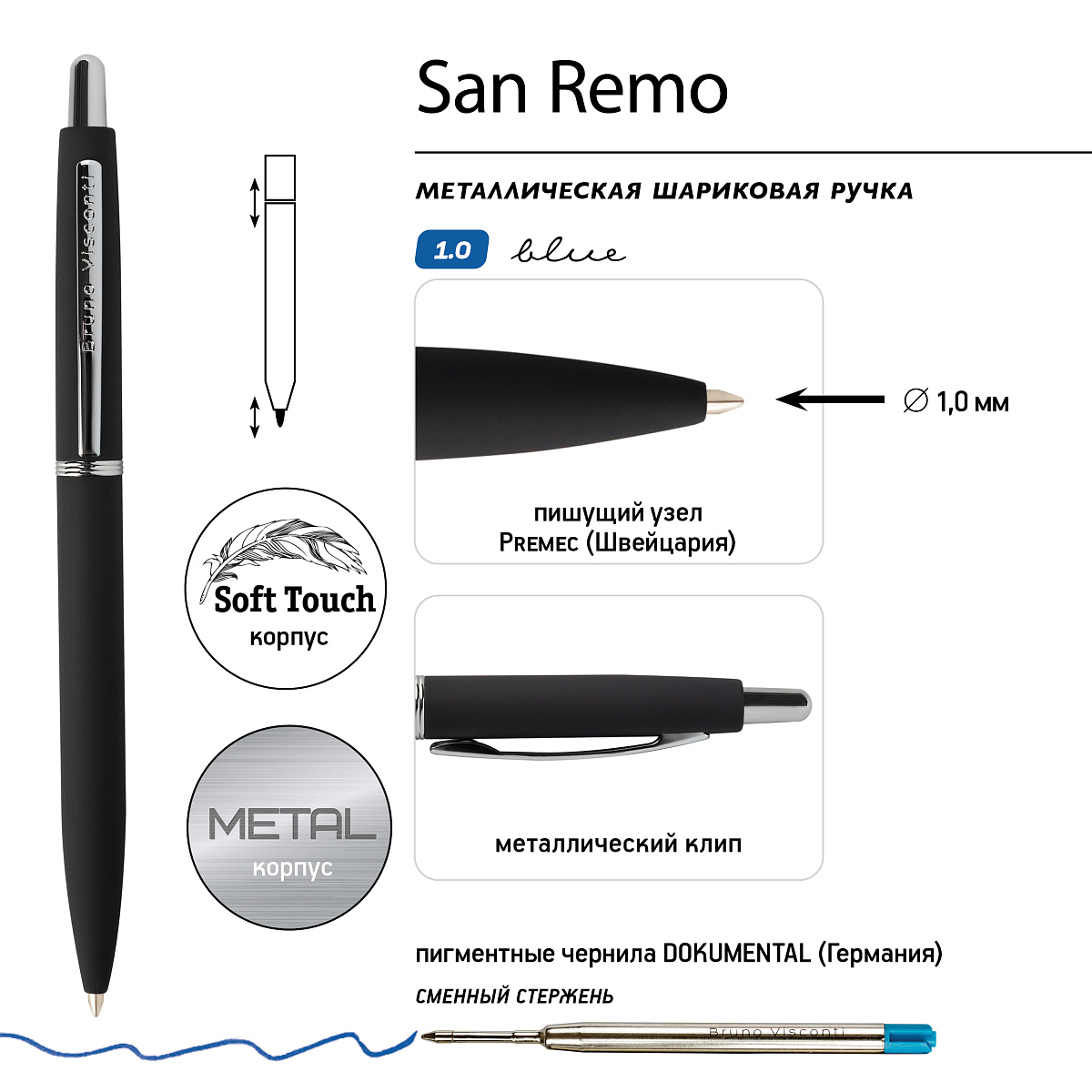Ручка шариковая Bruno Visconti черный 1 мм синий в металическом черном футляре - фото 2