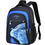 рюкзак школьный Evoline Черный гоночная синяя машина вид сзади 45 см спинка EVO-CAR-4-45