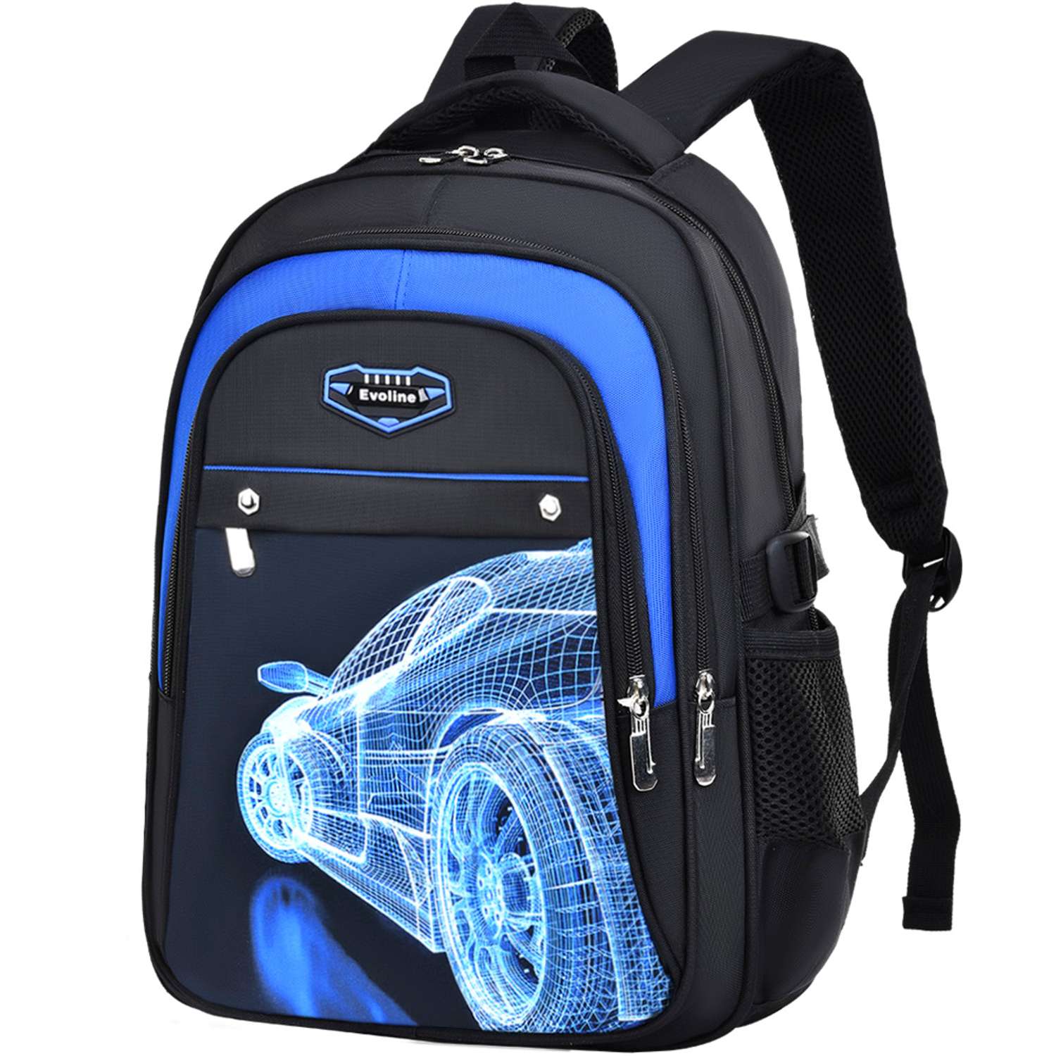рюкзак школьный Evoline Черный гоночная синяя машина вид сзади 45 см спинка EVO-CAR-4-45 - фото 1