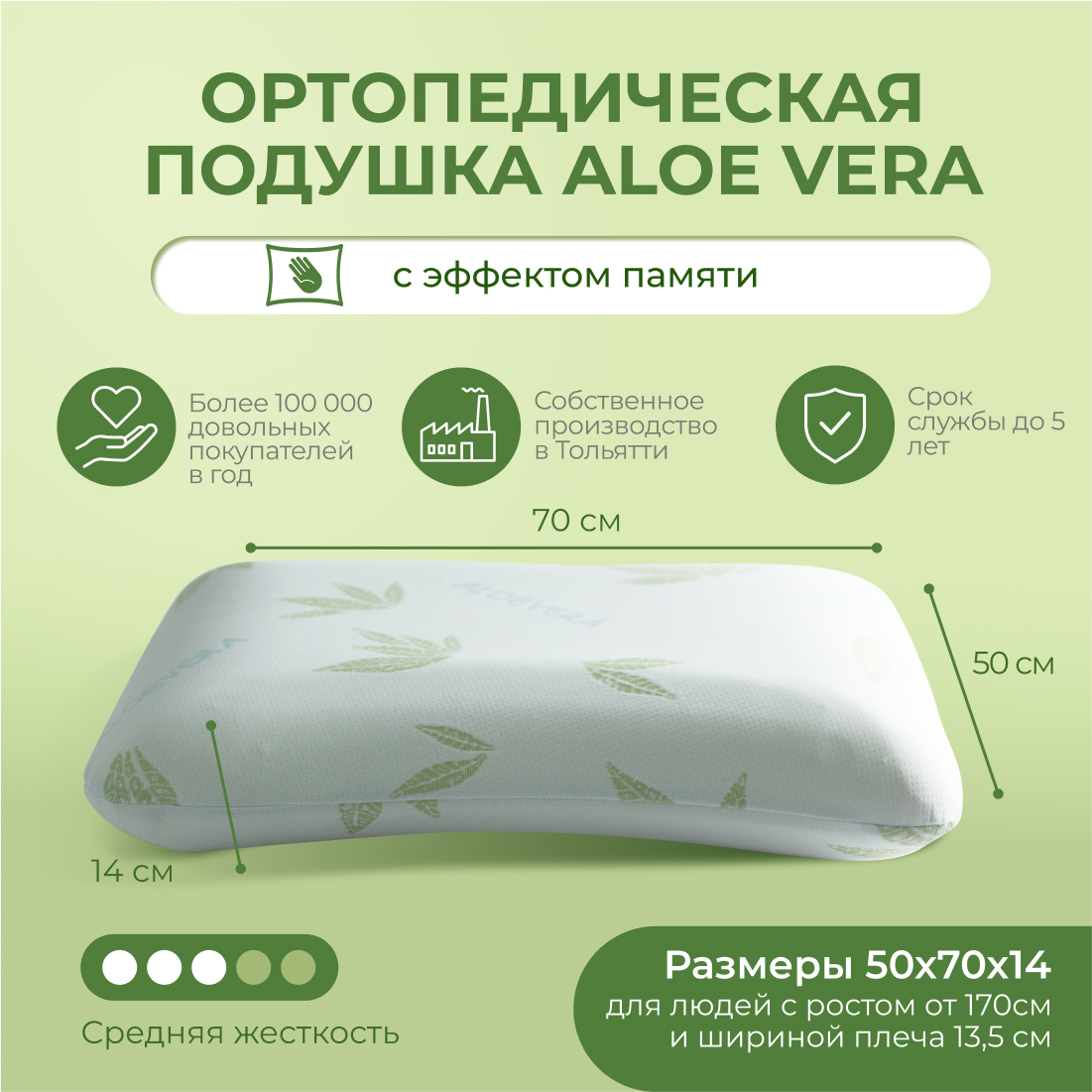 Анатомическая подушка Asvetida Aloe 50*70c эффектом памяти Memory Foam - фото 2