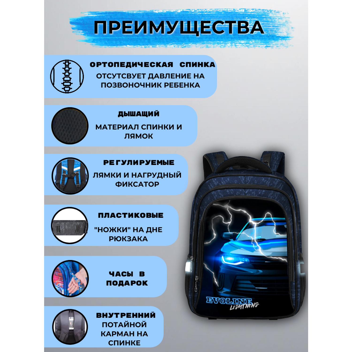 Рюкзак школьный Evoline черно-синий S700-car - фото 2