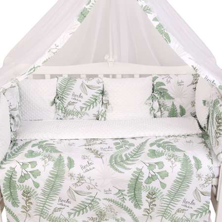 Бортик в кроватку Amarobaby Mild design edition Зеленые листья 12подушек Белый-Зеленый