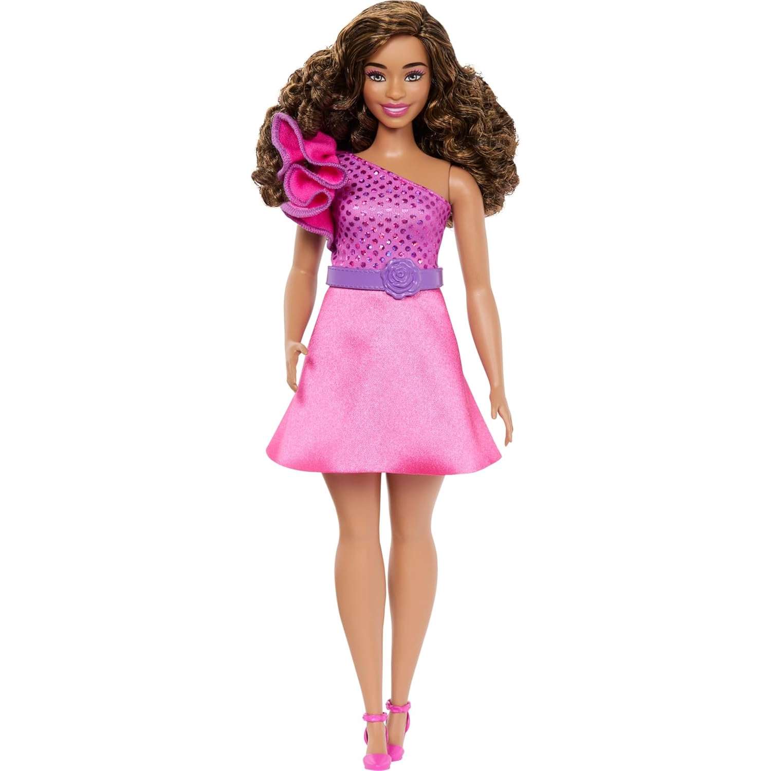 Кукла Barbie Fashionistas пышнотелая с каштановыми волосами в розовом блестящем платье HRH22 HRH22 - фото 1