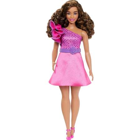 Кукла Barbie Fashionistas пышнотелая с каштановыми волосами в розовом блестящем платье HRH22