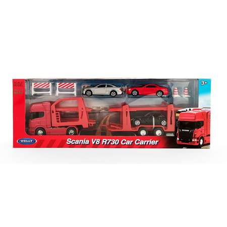 Набор Welly Модели машин 1:64 Грузовик Scania V8 R730 с тремя легковыми машинками