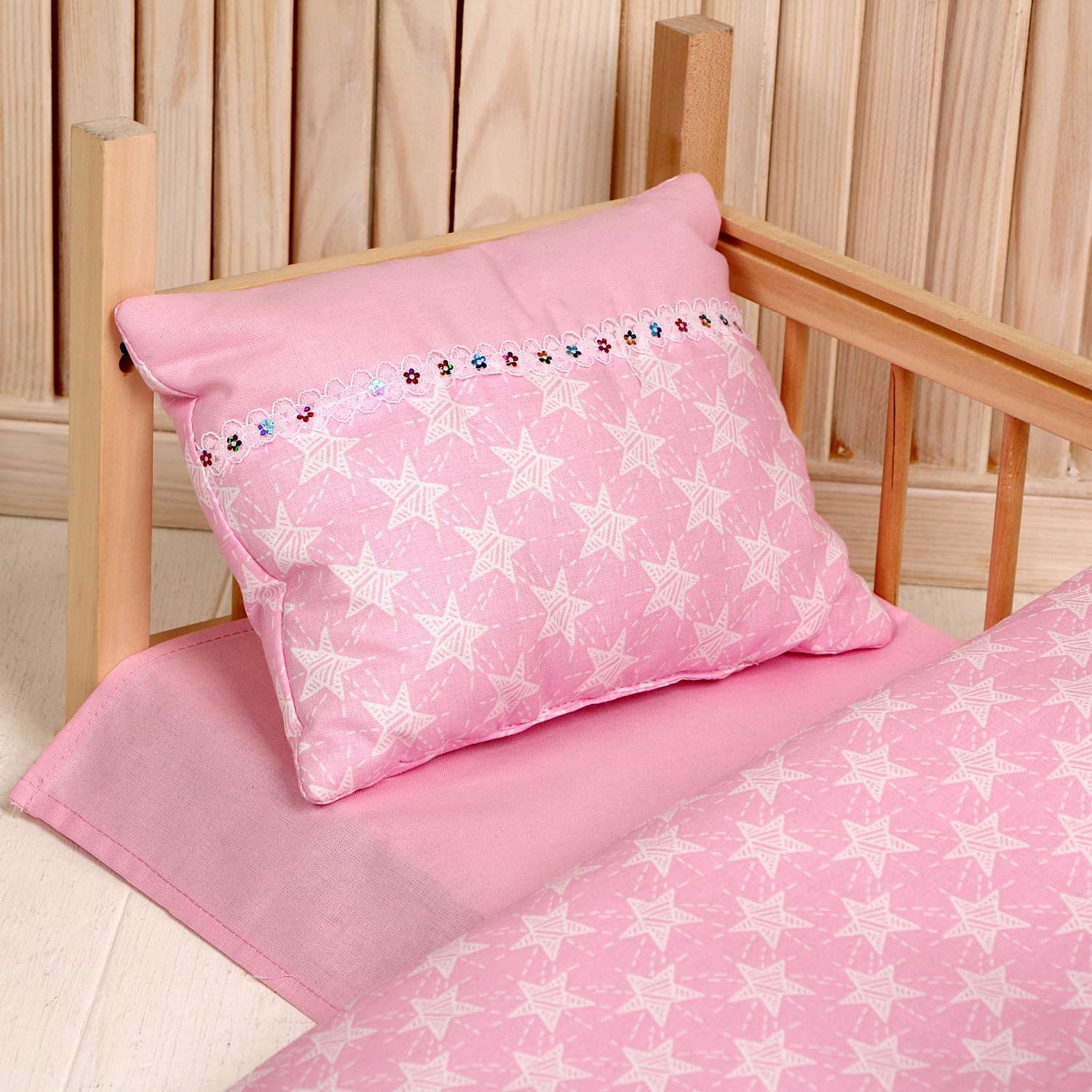 Кукольное постельное Страна карнавалия «Звезды на розовом» простынь одеяло 46х36 см подушка 23х17 см 9704386 - фото 3