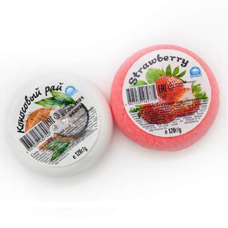 Соль для ванн Ресурс Здоровья Бурлящие пончики Кокосовый рай и Strawberry 2шт по 120 г
