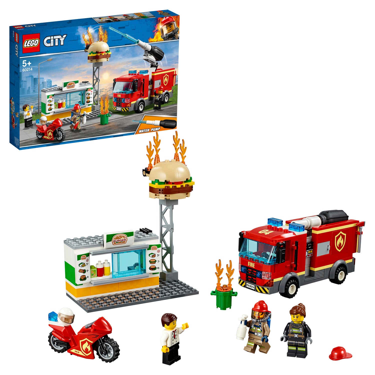 Конструктор LEGO City Fire Пожар в бургер-кафе 60214 купить по цене 999 ₽ в  интернет-магазине Детский мир