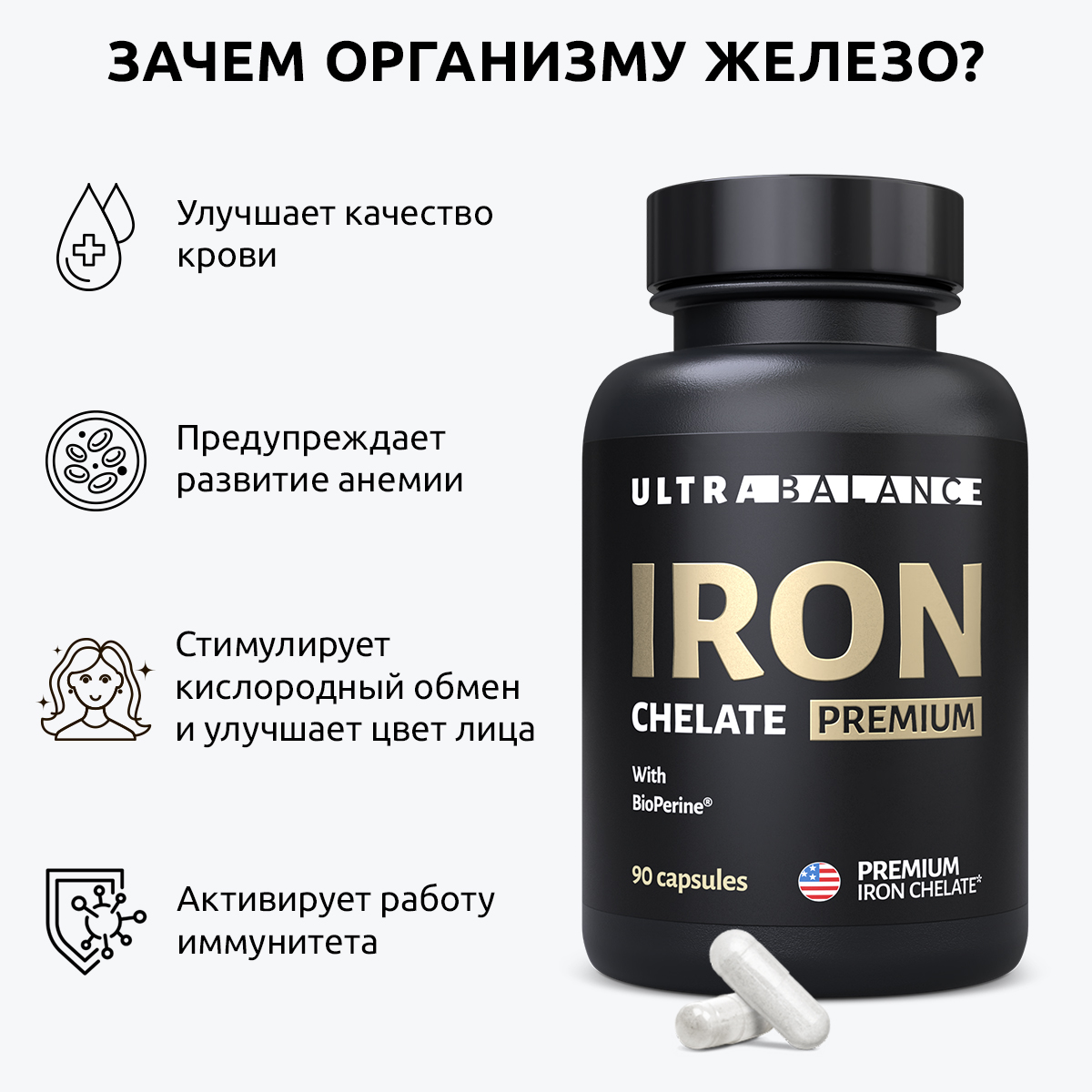 Железо хелатное премиум UltraBalance Iron Chelated Premium with BioPerine витамины хелат с пиперином 180 капсул - фото 2